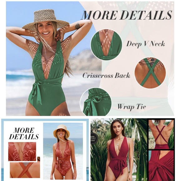 NWT Women's Deep V Neck Crisscross Back Self Tie One-piece Swimsuit SIZE LARGE - Picture 4 of 17